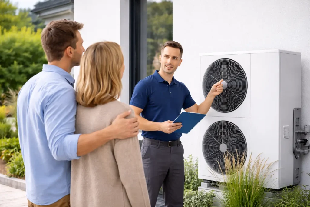 Energieberater bei der Vor-Ort-Beratung einer Wärmepumpe an einem Wohngebäude im Bestand.