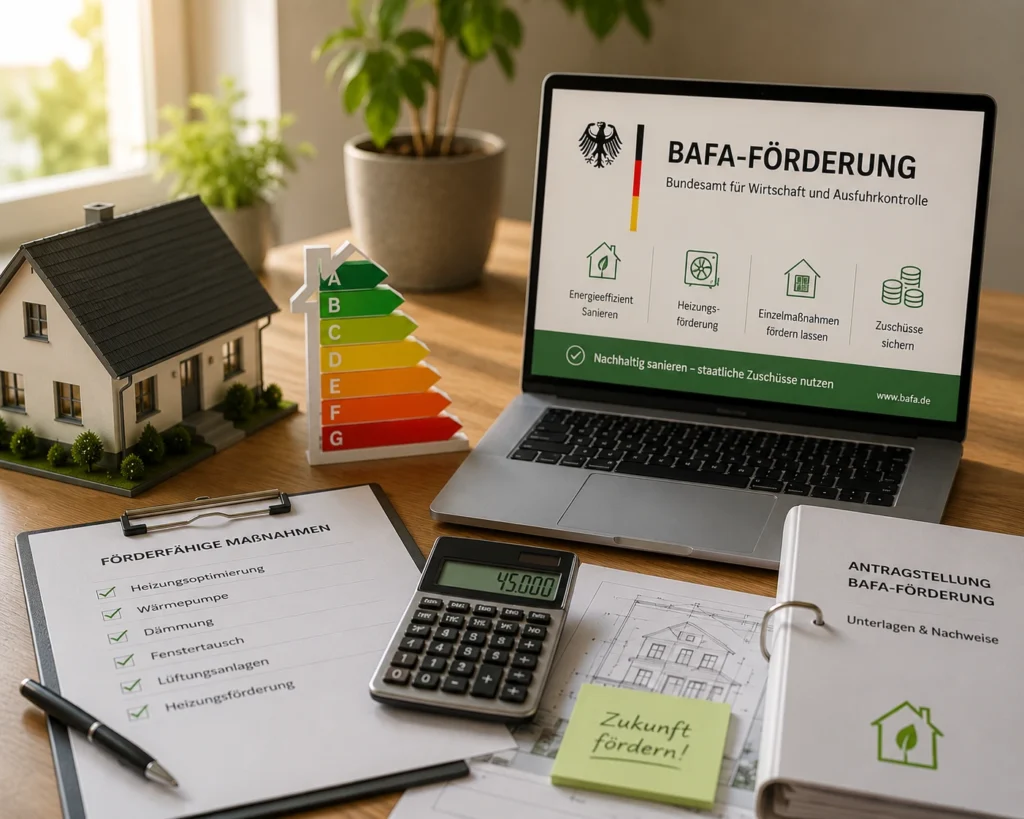 Unterlagen zur BAFA-Förderung mit Gebäudemodell, Energieeffizienzklasse und Fördermittelübersicht für die energetische Sanierung eines Wohngebäudes.