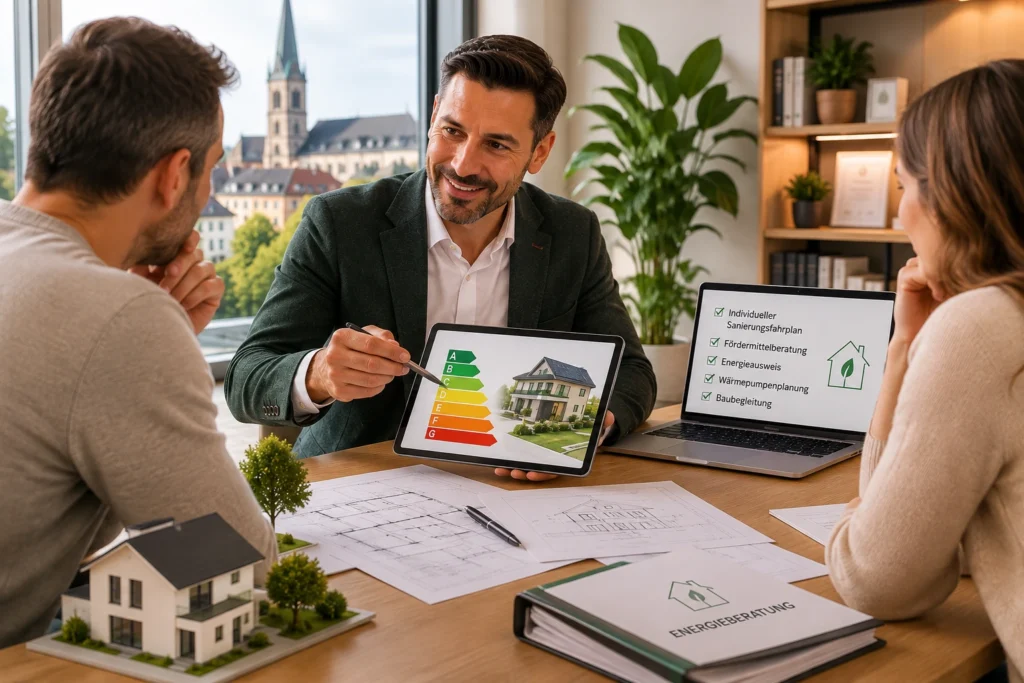Energieberater erklärt Hauseigentümern in Gütersloh die Ergebnisse einer Energieberatung und mögliche Sanierungsmaßnahmen für ein Wohngebäude.