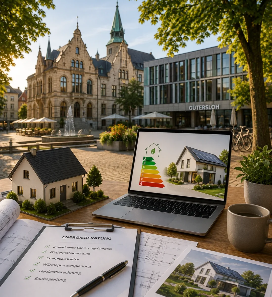 Energieberatung in Gütersloh mit Gebäudemodell, Bauplänen und Konzepten für die energetische Sanierung von Wohngebäuden.