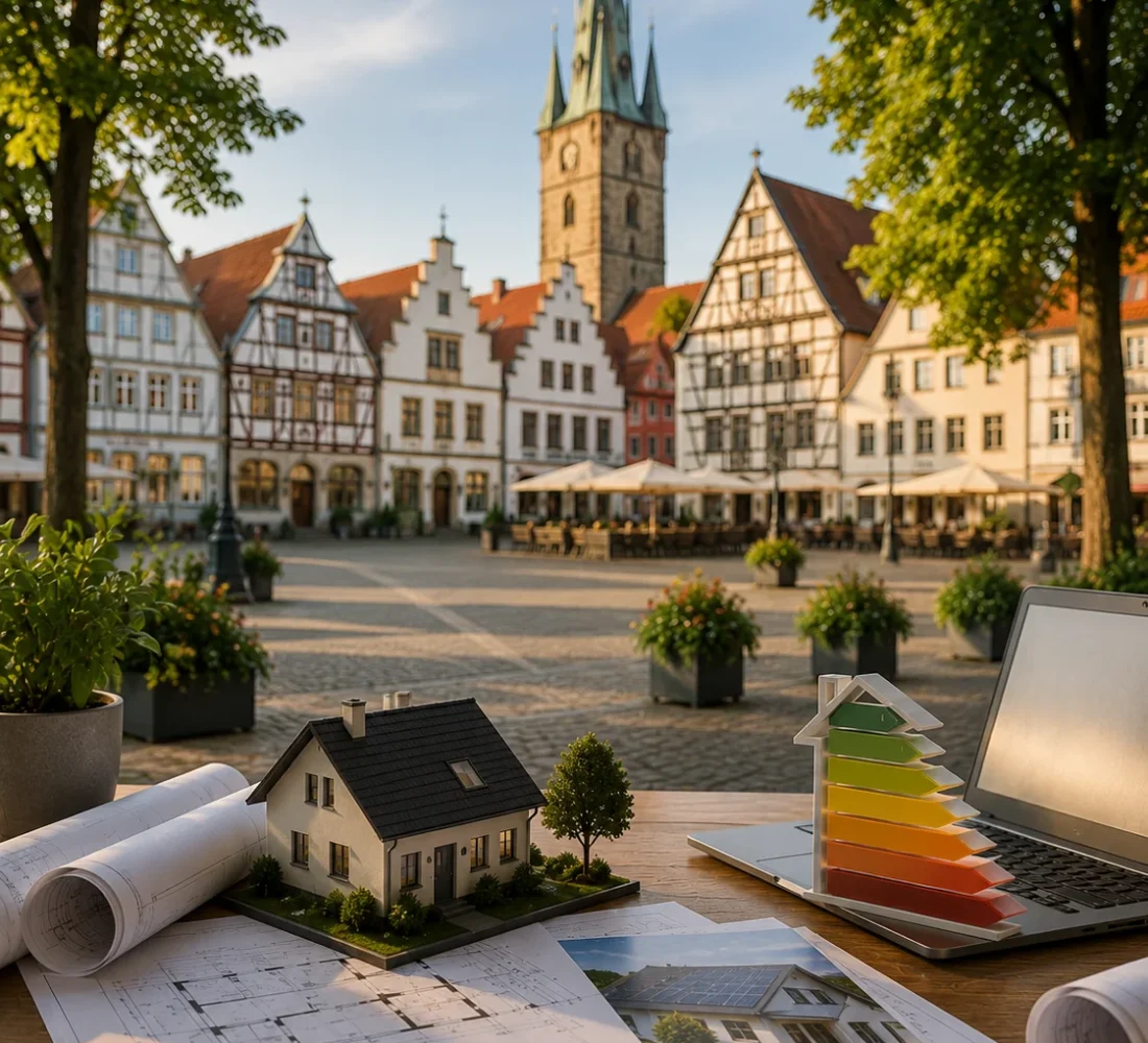 Planung einer energetischen Sanierung in Lemgo mit Bauplänen, Gebäudemodell und Energieberatung vor der historischen Altstadt von Lemgo.