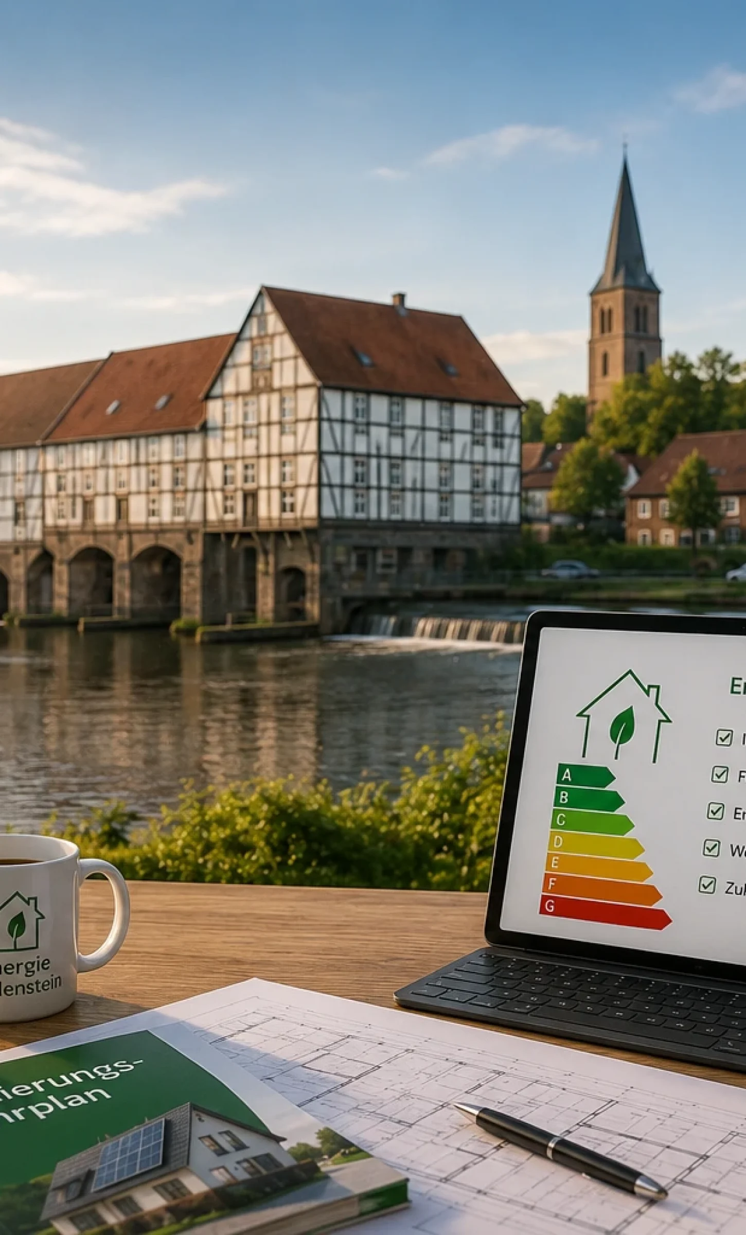 Energieberatung in Petershagen mit Blick auf die historische Wesermühle, Gebäudemodell und Unterlagen zur energetischen Sanierung von Wohngebäuden.