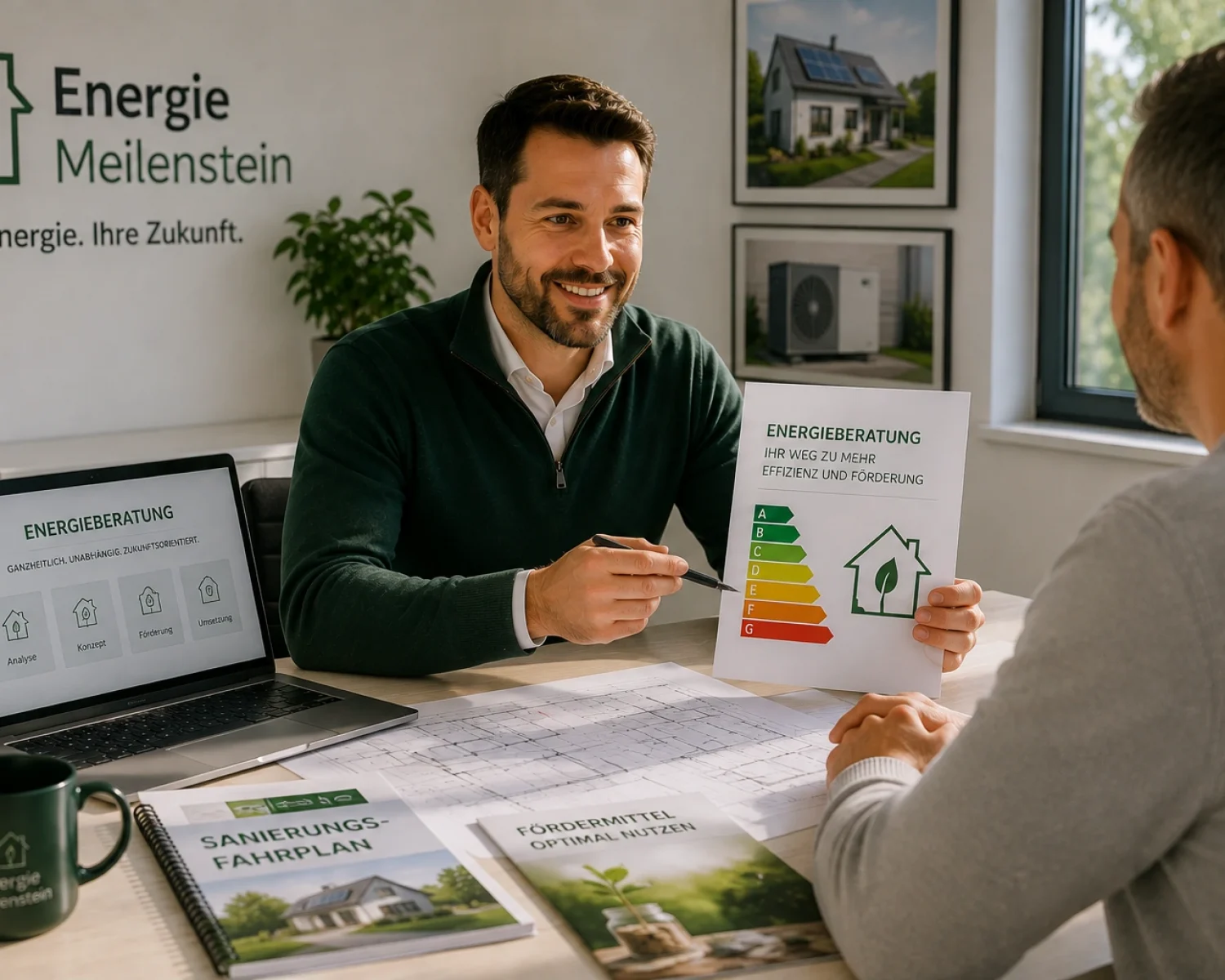 Energieberater erläutert einem Hauseigentümer die Ergebnisse einer Energieberatung und zeigt Möglichkeiten zur energetischen Sanierung sowie staatlichen Förderung auf.