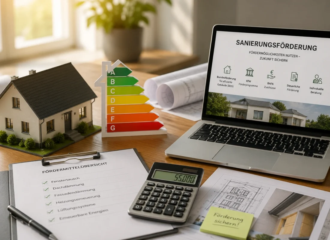 Unterlagen zur Sanierungsförderung mit Energieeffizienzklasse, Gebäudemodell und Fördermittelübersicht für die energetische Sanierung eines Wohngebäudes.