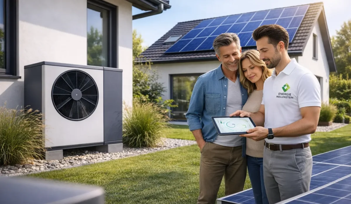 Energieberater berät Eigentümer zur Planung einer Wärmepumpe vor einem Wohngebäude.